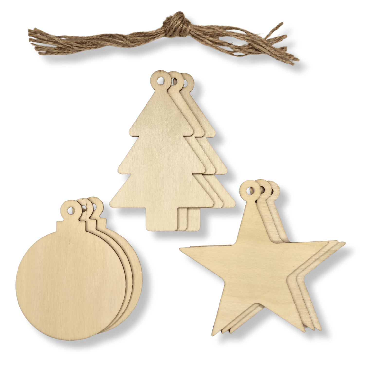 Christmas Wooden Ornaments - 3 of each type - Pack of 9